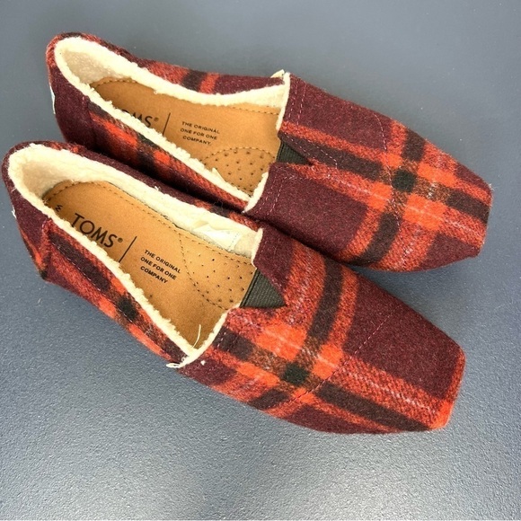 Toms Alpargata Red Plaid Buffalo Check Faux Sherling Sherpa Slip On Shoes Size 6 - Picture 14 of 14